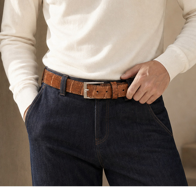 Person wearing a white long-sleeve shirt and dark pants with a brown belt, standing indoors.